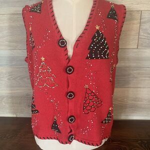 Ugly Christmas DESIGNER STUDIO Red Fa La‎ La Vest Beaded Christmas Trees Small